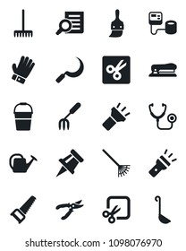 Set of vector isolated black icon - document search vector, garden fork, rake, watering can, bucket, pruner, glove, saw, sickle, stethoscope, blood pressure, themes, torch, cut, drawing pin, stapler