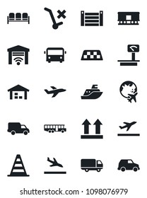 Set of vector isolated black icon - taxi vector, departure, arrival, airport bus, waiting area, border cone, plane globe, sea shipping, car delivery, container, up side sign, no trolley, railroad