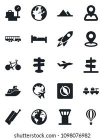 Set of vector isolated black icon - airport tower vector, suitcase, bus, bed, baggage larry, luggage scales, plane globe, bike, signpost, navigation, earth, sea shipping, place tag, compass, rocket