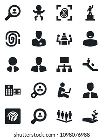 Set of vector isolated black icon - escalator vector, baby, pedestal, team, hospital, doctor, patient, client, fingerprint id, meeting, search, estate agent, consumer, hierarchy, man with notebook