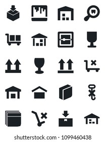 Set of vector isolated black icon - fragile vector, cargo, warehouse storage, up side sign, no trolley, hook, package, search, scanner, blank box