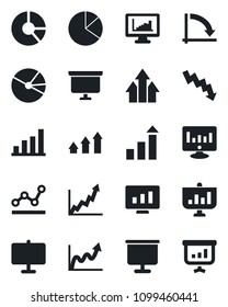 Set of vector isolated black icon - growth statistic vector, presentation board, crisis graph, monitor, circle chart, statistics, bar, pie, point, arrow up