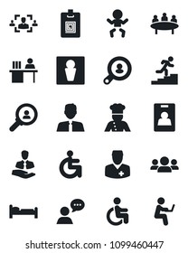 Set of vector isolated black icon - male vector, baby, bed, meeting, disabled, doctor, client, speaker, identity card, hr, manager desk, career ladder, search, estate agent, cook, consumer, group