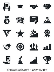 Set of vector isolated black icon - handshake vector, growth statistic, pedestal, medal, graduate, document, cash, bar graph, target, career ladder, police, motivation, money bag, pennon, award cup