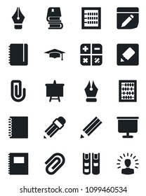 Set of vector isolated black icon - calculator vector, graduate, abacus, notepad, presentation board, notes, copybook, paper clip, ink pen, pencil, book, shining head