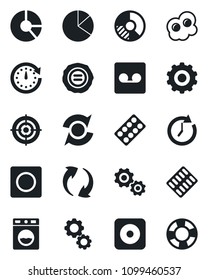 Set of vector isolated black icon - gear vector, circle chart, stamp, pills blister, rec button, update, record, pie graph, target, omelette, washer, clock, crisis management