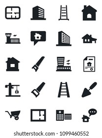 Set of vector isolated black icon - airport building vector, office, trowel, ladder, wheelbarrow, saw, house, hospital, with garage, plan, estate document, crane, home message