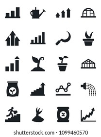 Set of vector isolated black icon - growth statistic vector, seedling, watering can, sproute, sickle, greenhouse, fertilizer, bar graph, point, career ladder, arrow up