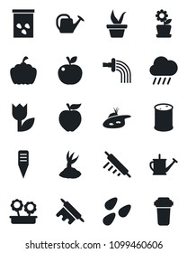 Set of vector isolated black icon - seedling vector, watering can, sproute, rain, plant label, pumpkin, seeds, tulip, oil barrel, pond, flower in pot, rolling pin, apple fruit, water filter