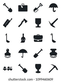Set of vector isolated black icon - suitcase vector, baggage larry, job, shovel, axe, fragile, umbrella, themes, stamp, ladle, case, hard work