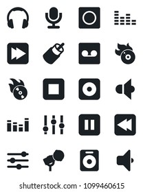 Set of vector isolated black icon - flame disk vector, microphone, speaker, settings, equalizer, headphones, pause button, stop, fast forward, rewind, rec, rca, tuning, record, sound