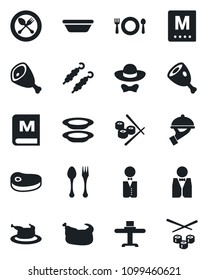 Set of vector isolated black icon - spoon and fork vector, waiter, restaurant table, cafe, menu, plates, dress code, chicken, steak, kebab, ham, bowl, sushi