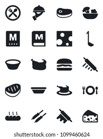 Set of vector isolated black icon - cafe vector, menu, salad, waiter, bread, chicken, steak, kebab, hamburger, ladle, bowl, rolling pin, cheese