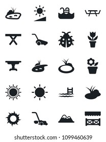 Set of vector isolated black icon - sun vector, flower in pot, lawn mower, lady bug, pond, picnic table, brightness, pool, mountains, alcove
