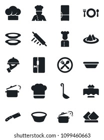 Set of vector isolated black icon - fridge vector, cook, restaurant table, serviette, cafe, hat, plates, waiter, ladle, bowl, rolling pin, knife, steaming pan