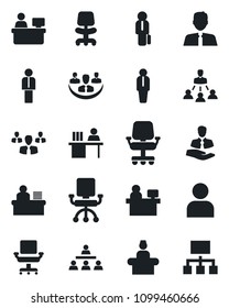 Set of vector isolated black icon - reception vector, manager, office chair, place, client, user, company, desk, hierarchy, estate agent, group
