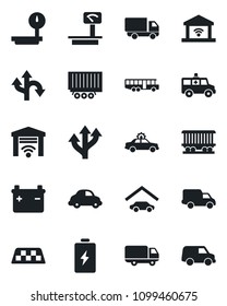 Set of vector isolated black icon - taxi vector, airport bus, alarm car, ambulance, route, railroad, truck trailer, delivery, heavy scales, garage, gate control, battery