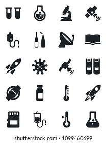 Set of vector isolated black icon - satellite antenna vector, book, blood test vial, dropper, microscope, ampoule, joint, virus, sd, thermometer, rocket, flask