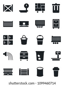 Set of vector isolated black icon - trash bin vector, checkroom, bucket, watering, railroad, truck trailer, cargo container, consolidated, oil barrel, heavy scales, archive box, water filter