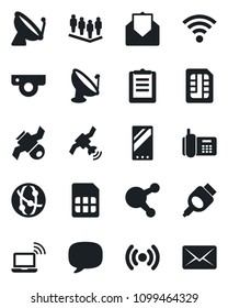 Set of vector isolated black icon - satellite antenna vector, wireless notebook, team, office phone, clipboard, network, share, mail, hdmi, mobile, message, sim, web camera