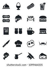 Set of vector isolated black icon - coffee vector, dish, cook hat, phyto bar, bacon, waiter, egg stand, salt and pepper, cafe building, table, vip zone, open close, restaurant receipt, hamburger