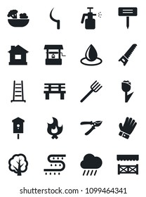 Set of vector isolated black icon - farm fork vector, ladder, tree, pruner, glove, saw, fire, house, water drop, rain, well, sickle, plant label, bench, bird, garden sprayer, drip irrigation, tulip