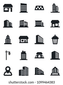 Set of vector isolated black icon - taxi vector, shop, office building, garden light, navigation, store, city house, cafe, storefront