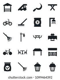 Set of vector isolated black icon - cafe vector, ladder car, rake, sickle, garden light, picnic table, fertilizer, bike, restaurant, alcove, outdoor lamp