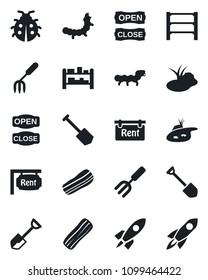 Set of vector isolated black icon - job vector, garden fork, shovel, lady bug, caterpillar, pond, rack, rent, bacon, open close, rocket