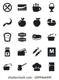 Set of vector isolated black icon - coffee vector, sickle, pills bottle, cafe, cook hat, menu, salad, egg stand, bread, open close, credit card, steak, kebab, steaming pan, turkish, apple fruit