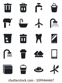 Set of vector isolated black icon - trash bin vector, shower, bucket, tooth, mobile, blank box, water supply, bathroom, serviette, filter, windmill
