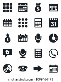 Set of vector isolated black icon - right arrow vector, calendar, circle chart, microphone, menu, calculator, phone, home message, money bag