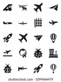Set of vector isolated black icon - plane vector, departure, ladder car, boarding, helicopter, seat map, globe, airport building, lady bug, rocket, paper, air balloon