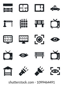 Set of vector isolated black icon - barrier vector, tv, alarm car, seat map, bench, monitor pulse, eye, torch, plan, alcove, scan