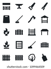 Set of vector isolated black icon - fence vector, tree, saw, fire, hoe, axe, abacus, table, alcove, cutting board