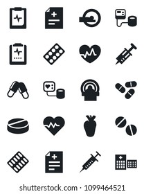 Set of vector isolated black icon - heart pulse vector, diagnosis, syringe, blood pressure, pills, blister, tomography, real, clipboard, hospital
