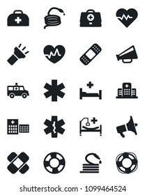 Set of vector isolated black icon - hose vector, heart pulse, doctor case, patch, ambulance star, car, hospital bed, loudspeaker, torch, crisis management