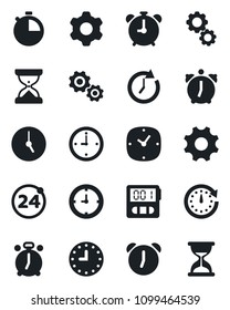 Set of vector isolated black icon - 24 around vector, alarm clock, settings, stopwatch, gear, sand