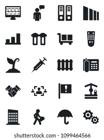Set of vector isolated black icon - speaking man vector, office binder, sproute, well, monitor pulse, syringe, important flag, cargo, umbrella, sorting, remote control, bar graph, hr, phone, manager