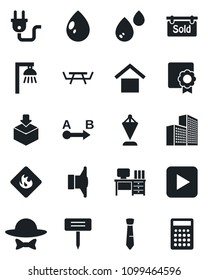 Set of vector isolated black icon - pennant vector, desk, water drop, plant label, picnic table, warehouse storage, package, flammable, route, speaker, play button, sertificate, office building, tie