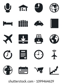 Set of vector isolated black icon - plane radar vector, bed, mouse, fence, wheelbarrow, earth, car delivery, term, microphone, download, copybook, clock, printer, contract, warehouse, growth graph