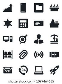 Set of vector isolated black icon - automatic door vector, ticket, luggage storage, growth statistic, well, 24 hours, client, phone back, calculator, folder, paper clip, manager desk, meeting