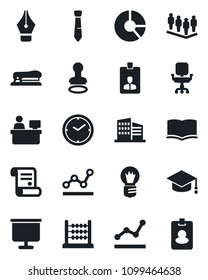 Set of vector isolated black icon - stamp vector, identity card, book, team, graduate, manager place, bulb, circle chart, contract, clock, presentation board, abacus, ink pen, office chair, tie