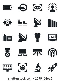 Set of vector isolated black icon - satellite antenna vector, notebook pc, monitor pulse, microscope, tomography, implant, office phone, sorting, equalizer, remote control, eye id, fingerprint, scan