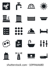 Set of vector isolated black icon - antenna vector, reception bell, sun, airport building, greenhouse, diagnosis, cargo container, railroad, settings, menu, cut, checklist, water supply, bedroom
