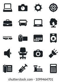 Set of vector isolated black icon - airport bus vector, camera, building, case, tree, sun, syringe, term, video, laptop pc, speaker, torch, office phone, target, notebook, sound, chair, calculator