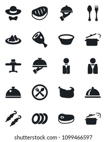 Set of vector isolated black icon - spoon and fork vector, waiter, dish, restaurant table, serviette, cafe, plates, dress code, chicken, steak, kebab, ham, bowl, steaming pan