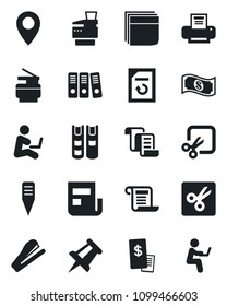 Set of vector isolated black icon - contract vector, drawing pin, document reload, plant label, cut, news, blank box, paper binder, printer, copier, book, stapler, restaurant receipt, cash