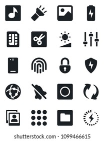 Set of vector isolated black icon - phone back vector, menu, update, gallery, protect, tuning, record, sim, network, folder, torch, mute, brightness, cut, lock, fingerprint id, music, photo, charge