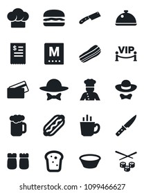 Set of vector isolated black icon - cook vector, dish, hat, menu, coffee, beer, bacon, salt and pepper, bread, vip zone, dress code, credit card, restaurant receipt, hamburger, hot dog, bowl, knife